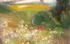 landschaft mit roter blume, pastell, 40x30cm, paysage avec fleur rouge