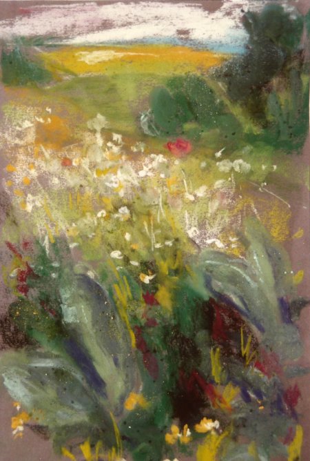 Landschaft mit roter blume, Pastelll